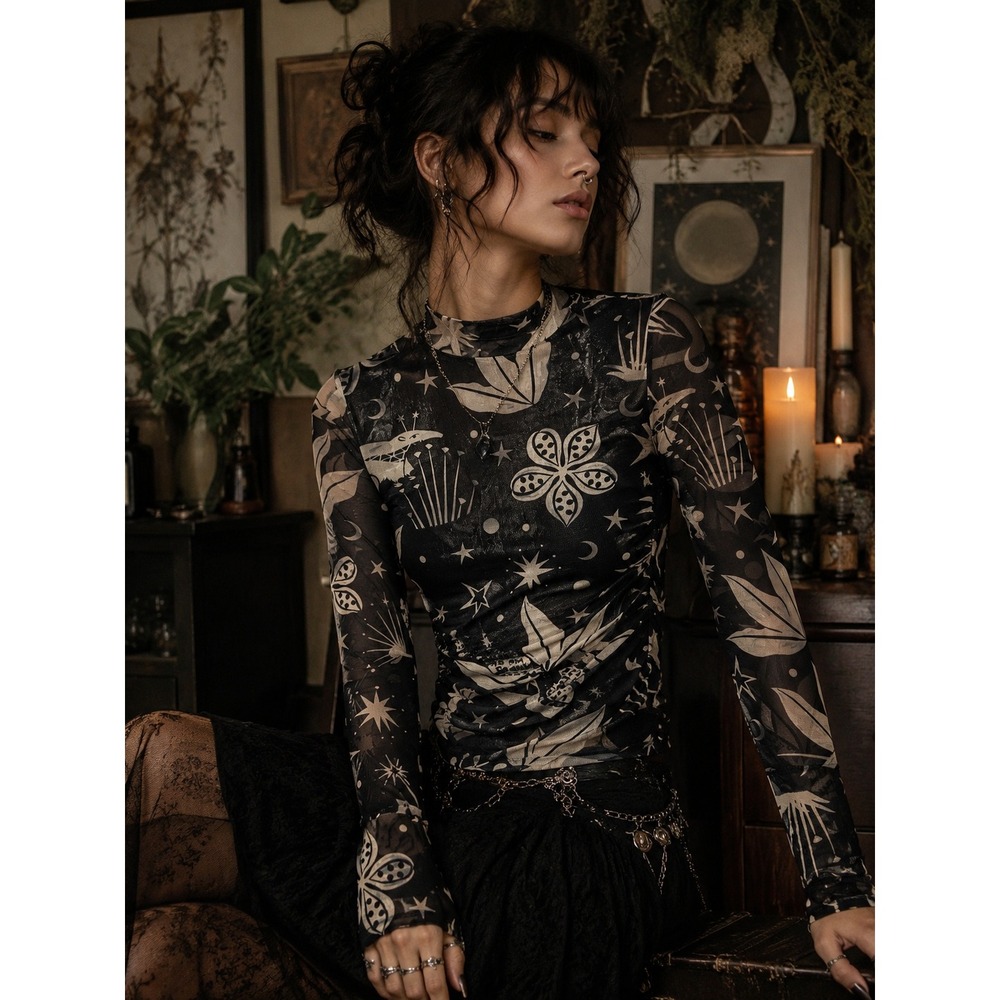 Farm Rio Cerrado Sky Tulle Mesh Top XS Black Celestial Floral Boho Whimisgoth